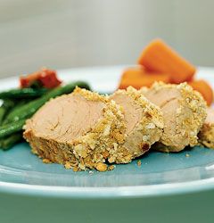 Apple Dijon Pork Loin on a plate with carrots and beans