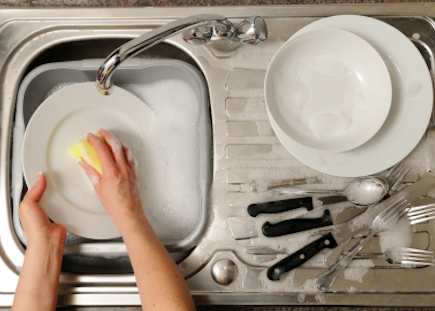 hands in sudsy water, doing the dishes