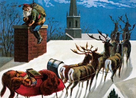 An artist's rendering of Santa Claus and his reindeer on a rooftop