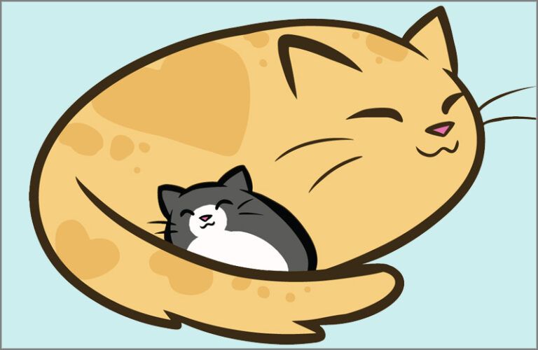 An artist's rendering of a calico cat curled up with a gray kitten