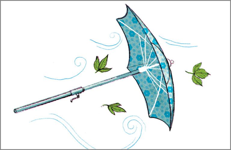 An artist's rendering of a wind-tossed patio umbrella