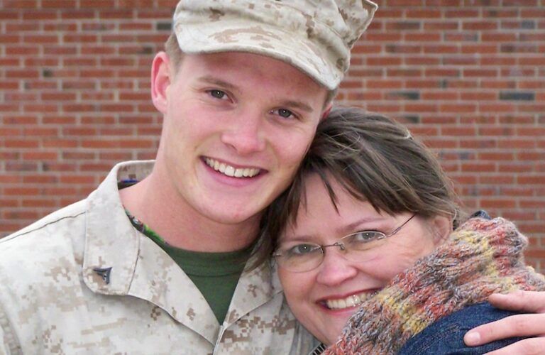 Edie and her son Jimmy at his second deployment