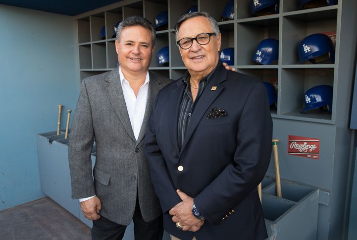 Jorge and Jaime in the home dugout at Dodger Stadium