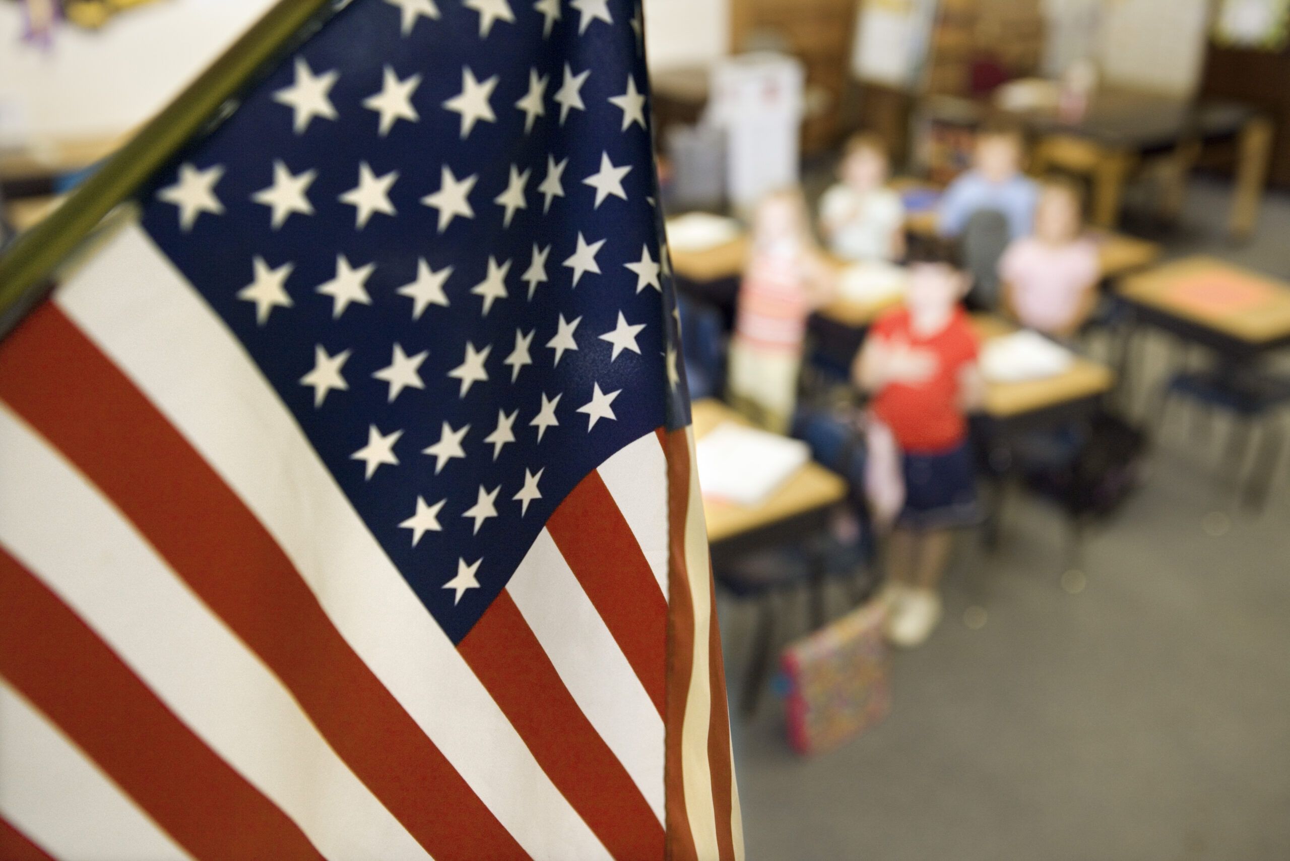 The American flag in a school classroom