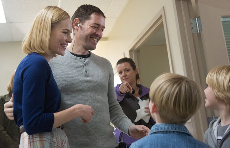 Guideposts: (L to R) Kate Bosworth and director Michael Polish meet actors Hudson Meek (back of his head), and Bobby Batson on the first day of filming 90 Minutes in Heaven. The young actors portray Chris and  Joe Piper in the film.