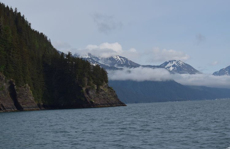 Cliffs, snow-covered mountains and the Pacific Ocean on the coast of Alaska