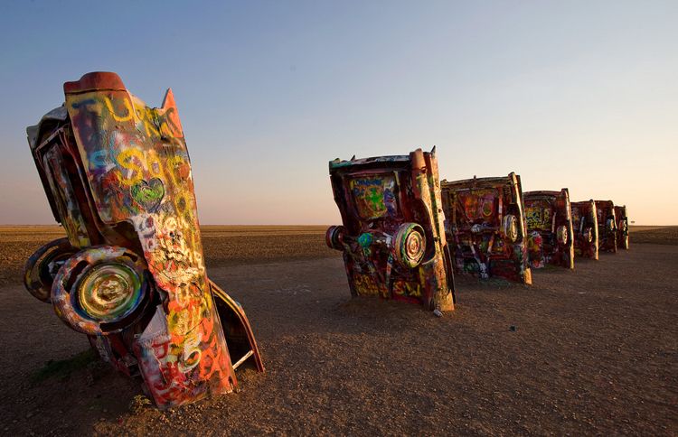 Guideposts: Cadillac Ranch at sunset, near Amarillo, Texas