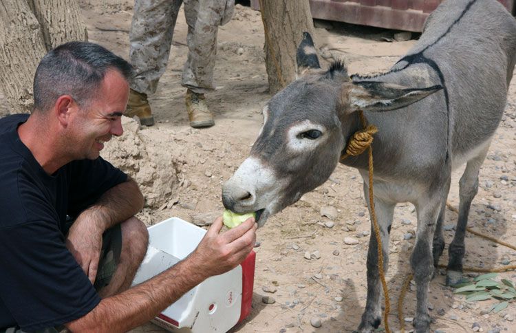 Civilian contractor Lance Robinson, a gunnery sergeant in the Marine Corps Reserve, visits Smoke