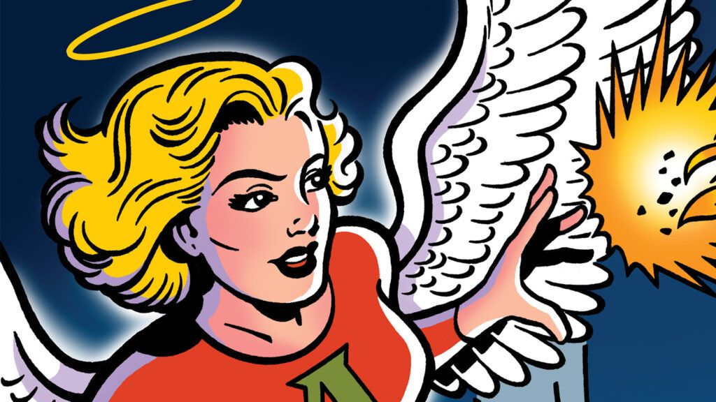 An artist's rendering of a super-hero angel throwing a fireball