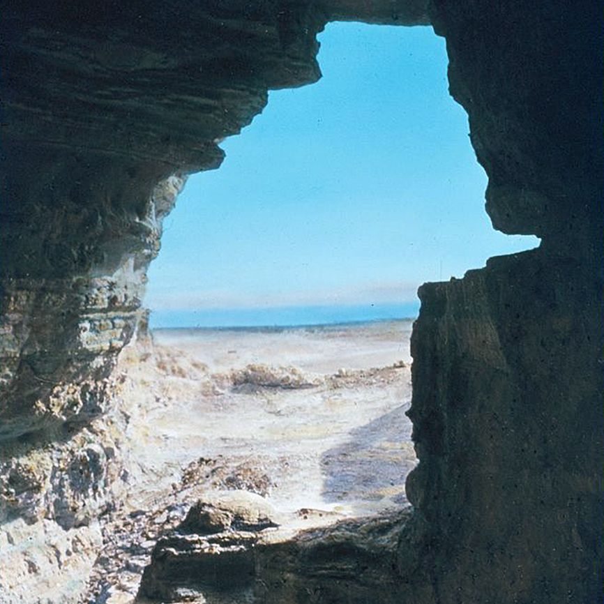 A view of the Dead Sea from a cave at Qumran in which some of the Dead Sea Scrolls were discovered.