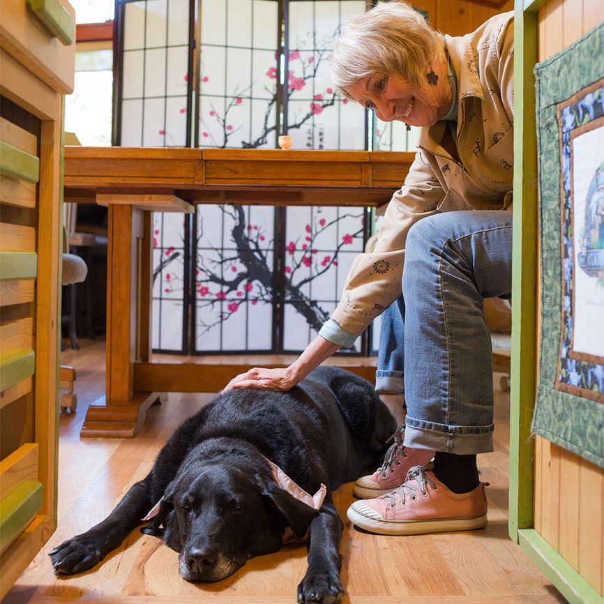 Linda Rae reaches over to pet Trixie