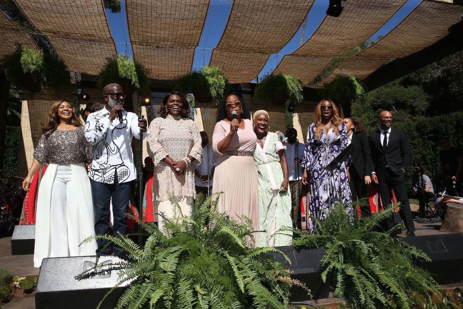 (L-R) Erica Campbell, Bebe Winans, Emily David, Oprah Winfrey, Cynthia Erivo, Yolanda Adams, Andra Day and Common at the “Super Soul Gospel Brunch”