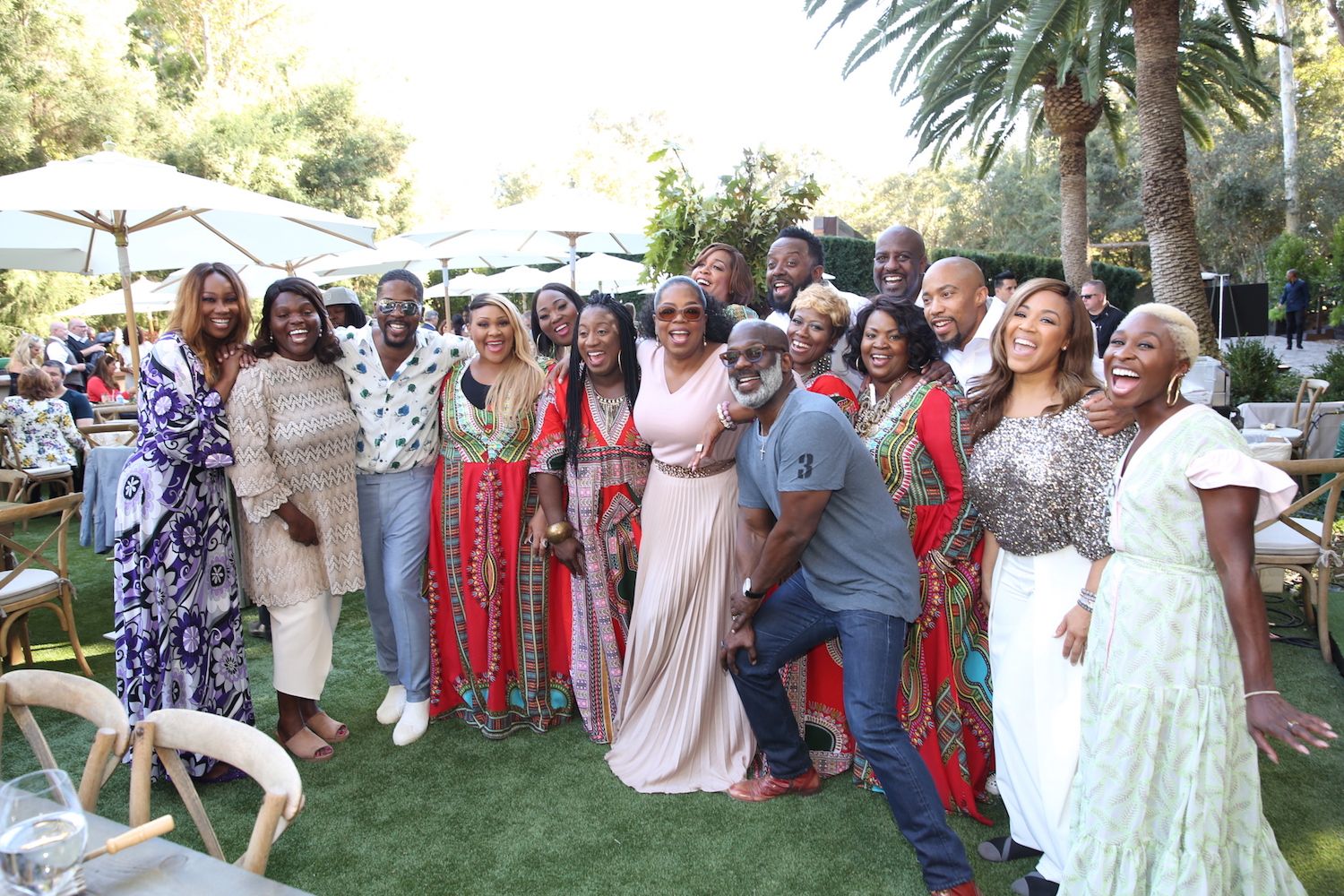 (L to R) Erica Campbell, Bebe Winans, Emily David, Oprah Winfrey, Cynthia Erivo, Yolanda Adams, Andra Day and Common