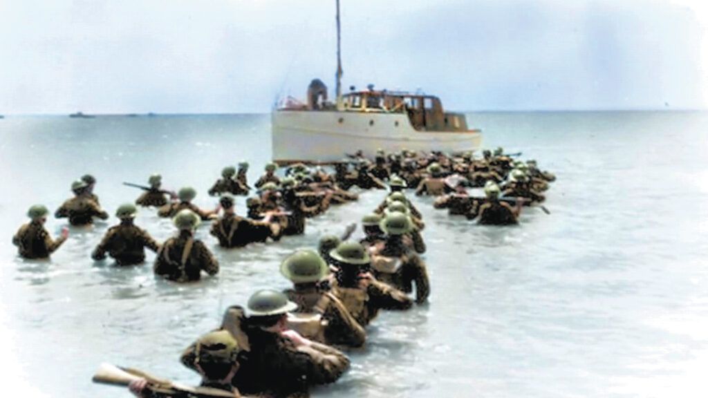 Lines of soldiers wade to a civilian craft rescuing them from Dunkirk.