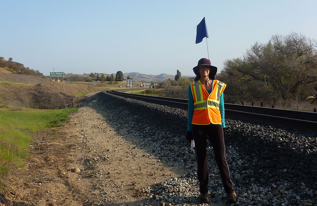 Day 31: Edie walks along the railroad path between Mission San Miguel and Nacimiento Lake