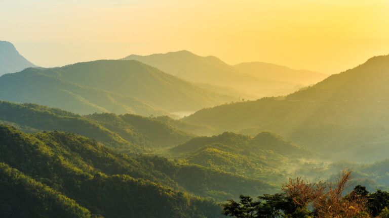 Lush mountain view with sun rising; Getty Images