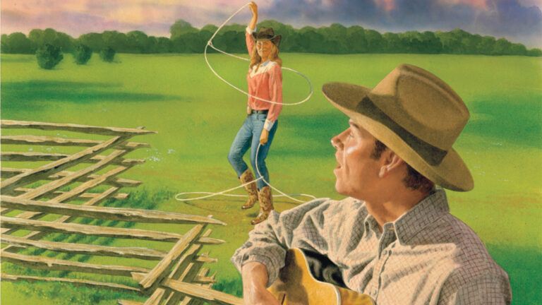 An artist's rendering of a cowboy serenading a lariat-twirling cowgirl