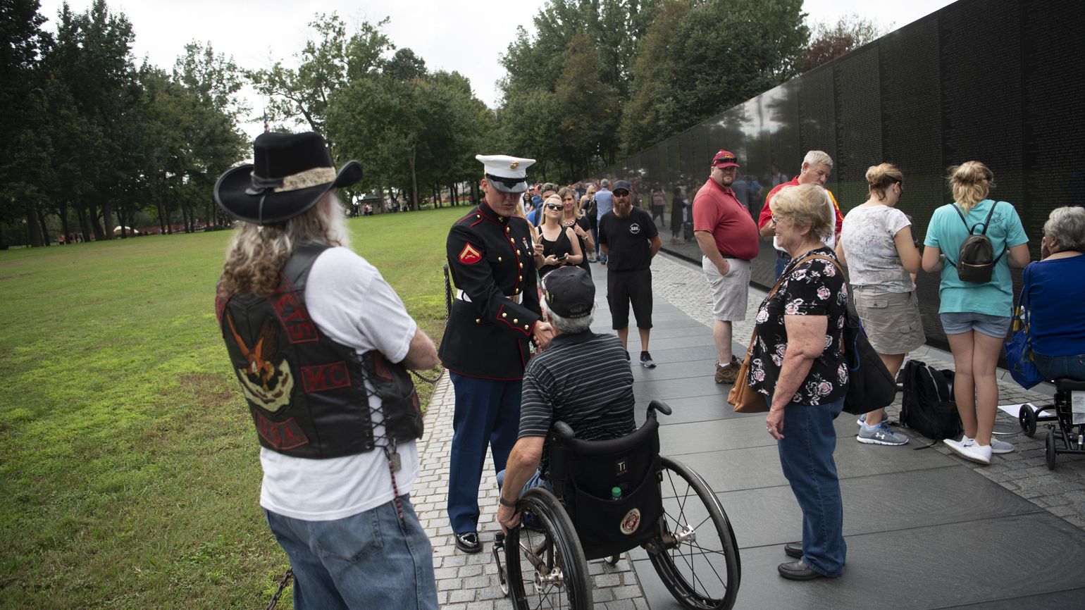 Eddie is greeted by an active duty Marine