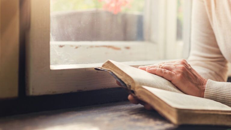 A woman reads the Bible by a window