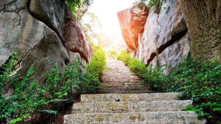 A steep stairway reaches skyward