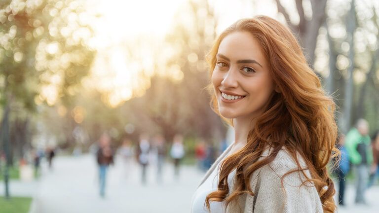 A young woman smiles contentedly