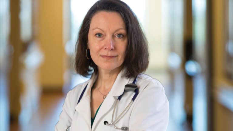 A portrait of Dr. Laurin Bellg in the hospital.