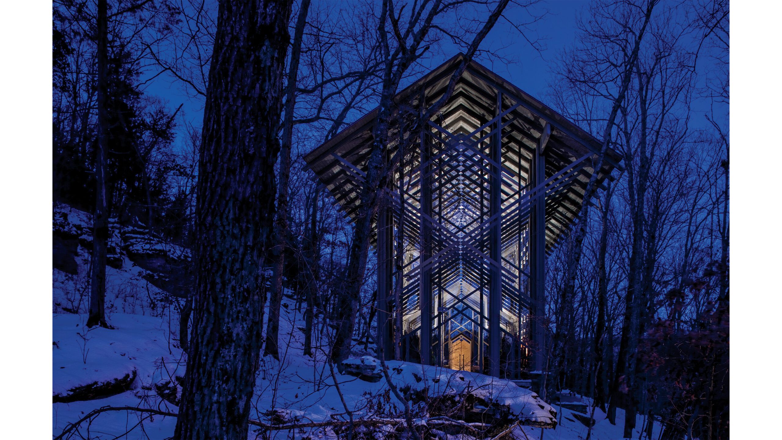 Thorncrown Chapel in Eureka Springs, AR. East Elevation in Snow, Sunrise, February 2015.