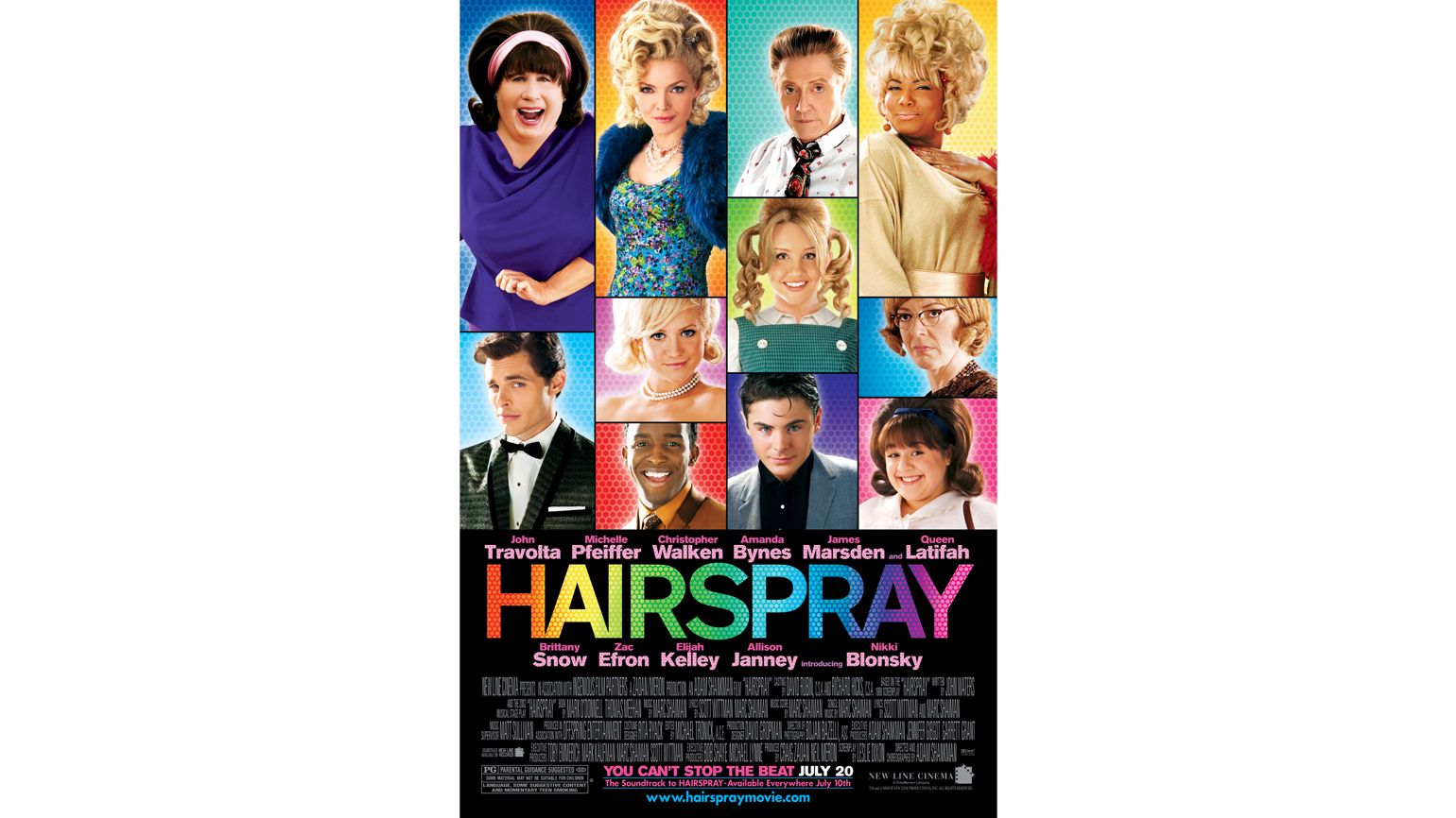 HAIRSPRAY, top row: John Travolta, Michelle Pfeiffer, Christopher Walken, Queen Latifah, middle row, from center: Brittany Snow, Amanda Bynes, Allison Janney, bottom row: James Marsden, Elijah Kelley, Zac Efron, Nikki Blonsky, 2007.