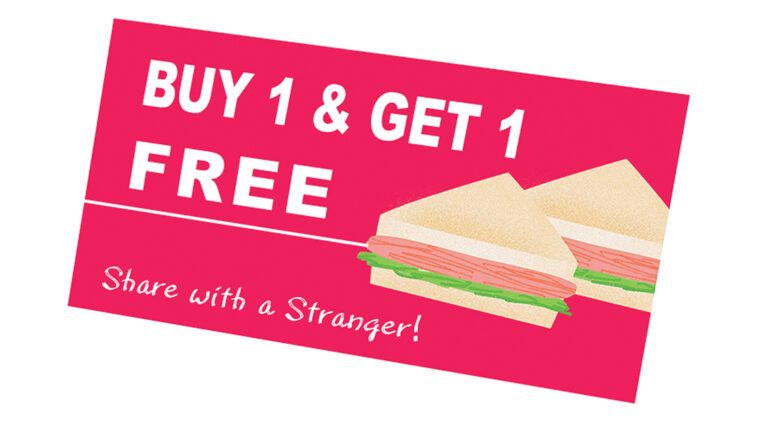 An aritsts rendering a sandwich coupon with a BOGO deal.