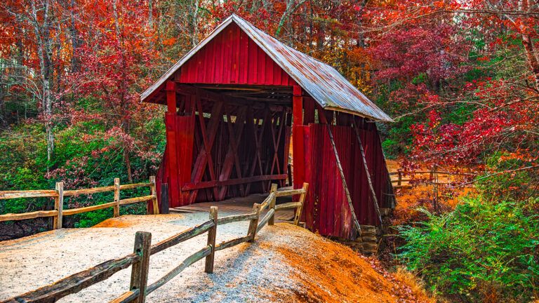 A covered bridge in autumn