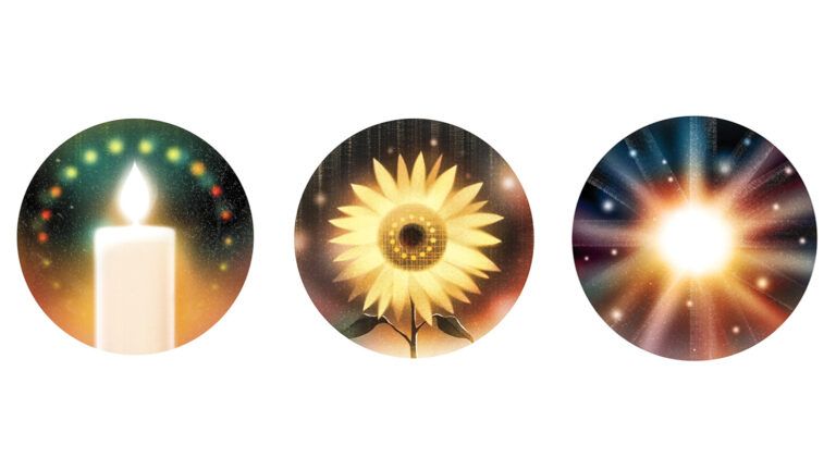 An illustration of a candle, sunflower and golden light; Illustrations by Jasu Hu