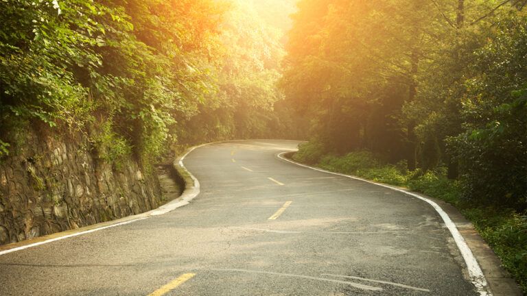 Sunlight beams down on a winding rural highway