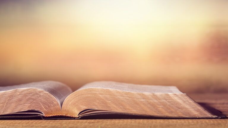 An open Bible rest on a table at sunrise