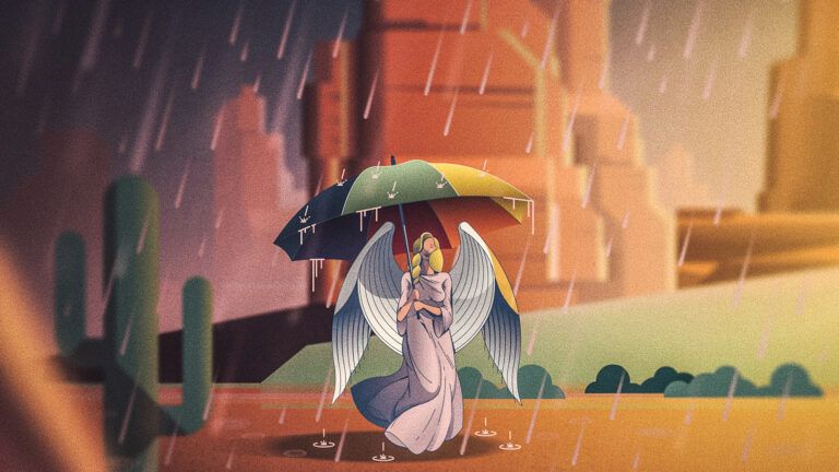 An angel holding an umbrella in a desert; Illustration by Robert Filip