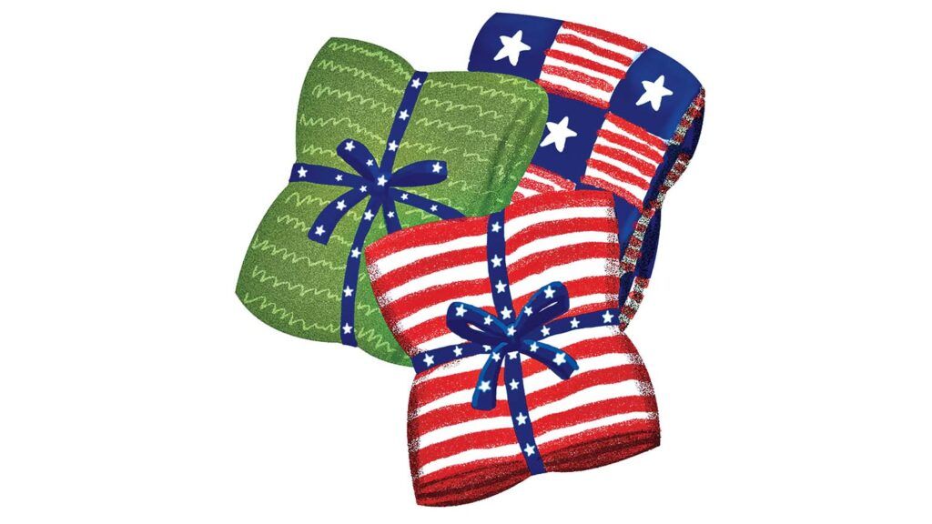 An illustration of three patriotic blanket bundles; Illustration by Coco Masuda