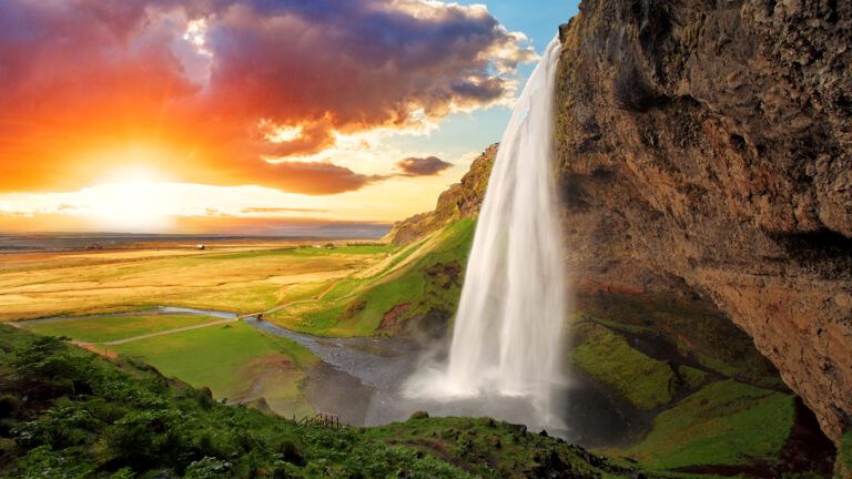 A waterfall at sunrise