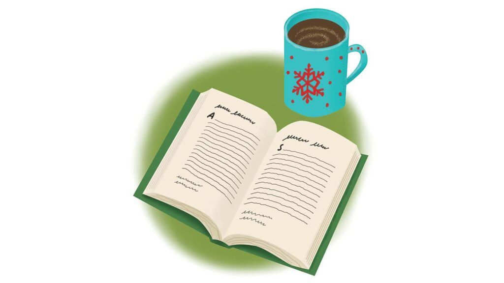 An illustration of an open devotional and a festive mug; Illustration by Coco Masuda