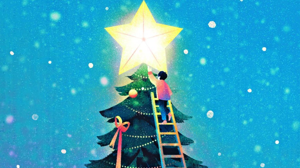 Illustration of a boy adding a star to the top of a Christmas tree