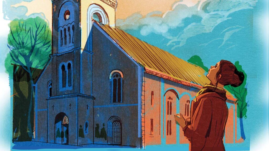 Illustration of a woman looking up at a church; Illustration by Alex Green