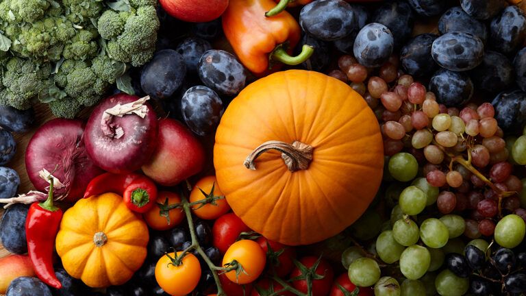 Pumpkins, grapes and peppers