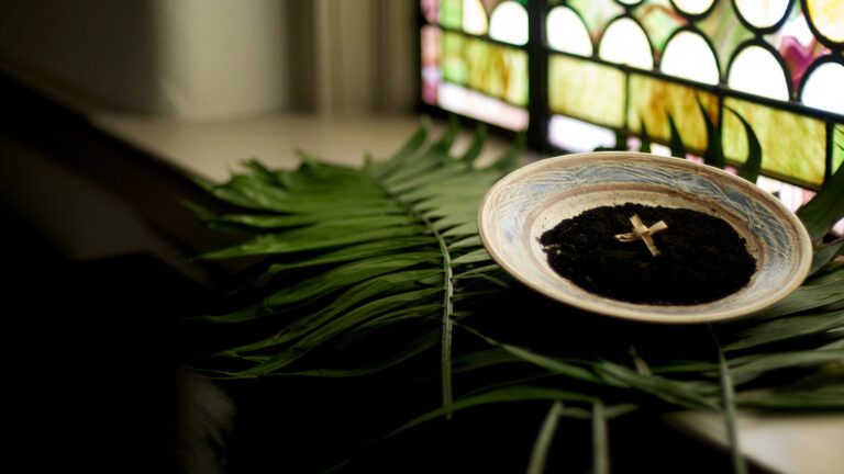 Palm fronds and a bowl of ashes