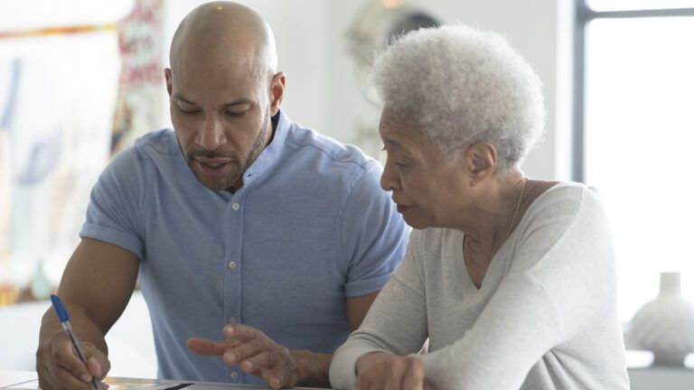 A senior women and her adult son