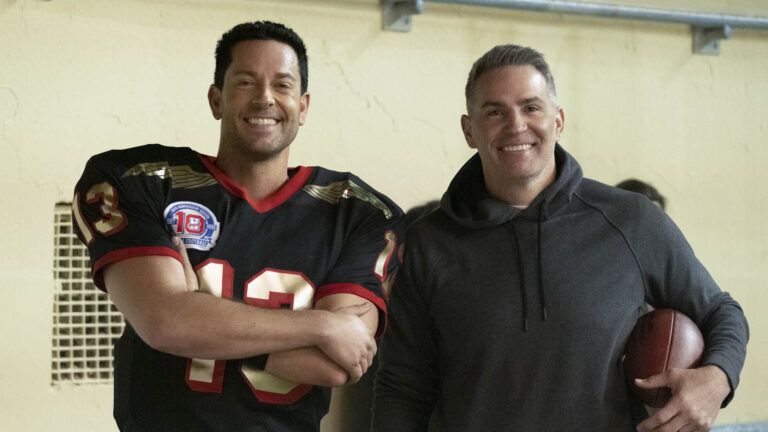 Actor Zachary Levi (left) plays Kurt Warner in the movie 'American Underdog.'