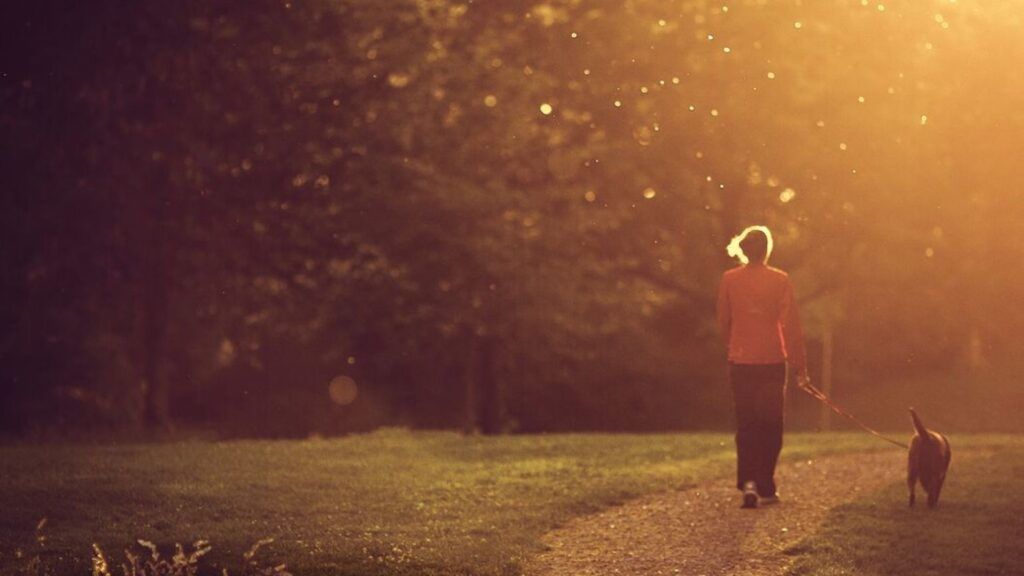 Woman walking dog at sunset doing positive living with an inspirational quote