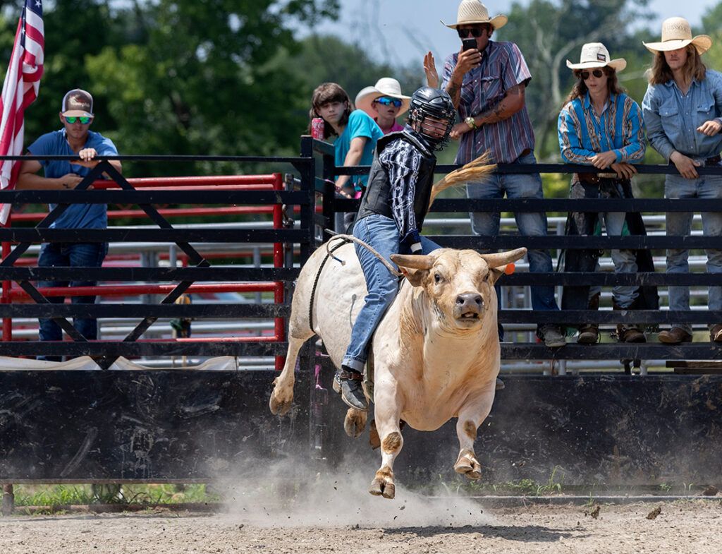 A bull rider hangs on tight; photo by Wade Payne